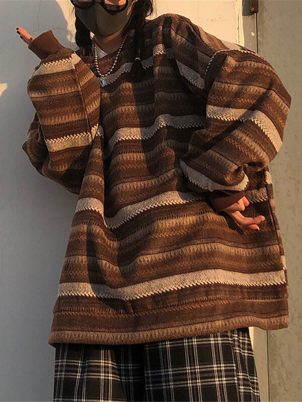 Maglioni a righe donna pullover Oversize autunno inverno maglione lavorato a maglia Hip Hop Ulzzang BF maglione Unisex donna Retro coppie top