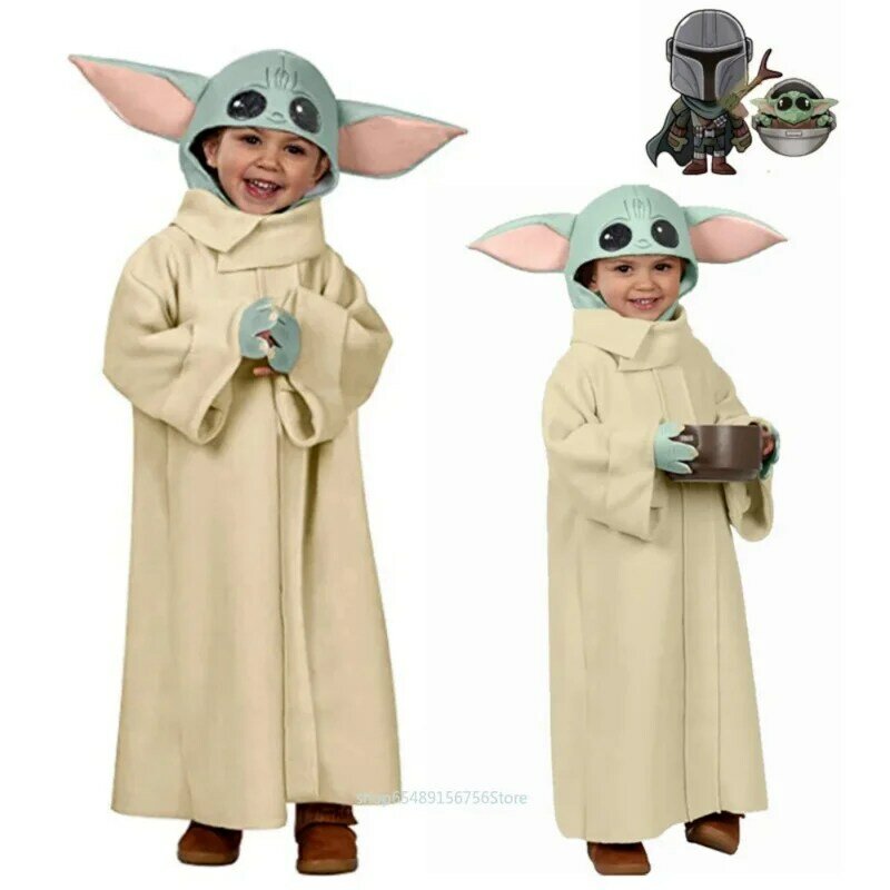 Baby Boys Girls Yoda Robe Cosplay Costume Yoda Grugo Children Coverall Alloy Necklace Accessories Christmas Party Gift