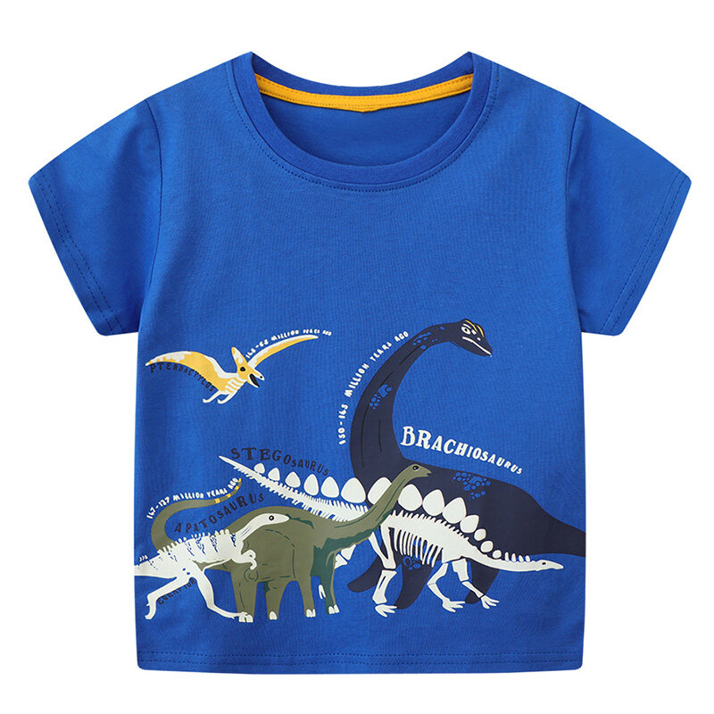 Pakaian anak-anak Little maven atasan kaus 2024 baru musim panas bercahaya kartun dinosaurus bayi laki-laki kaus remaja