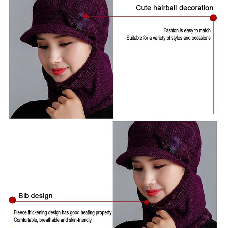 Winter Hat Women's Thickened Hat Scarf Warm Breathable Windproof Outdoor Wool Knitted Hat Women's Ear Protection One-piece Hat