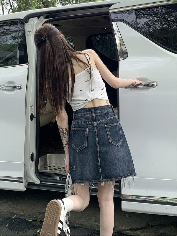 Rok Mini bordir geometris mode populer Korea rok Mini wanita seksi bungkus pinggul tinggi pinggang ramping A-line musim panas desain baru