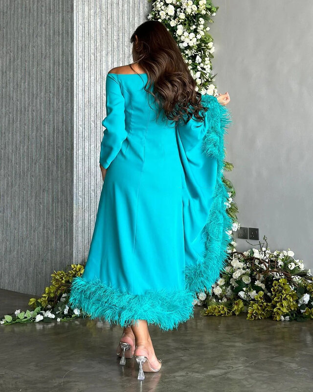 Arabic Prom Dresses Long Sleeves Feathers Green Women Evening Gowns Formal Occasion Dress Tea Length Luxury Party Dress