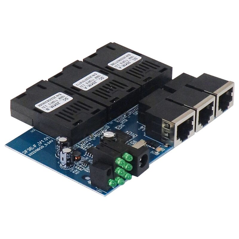Interruptor de fibra Ethernet de 100M, convertidor de medios ópticos, placa PCBA, 20Km, 3 RJ45, compatible con RPOE, Simplex, SC