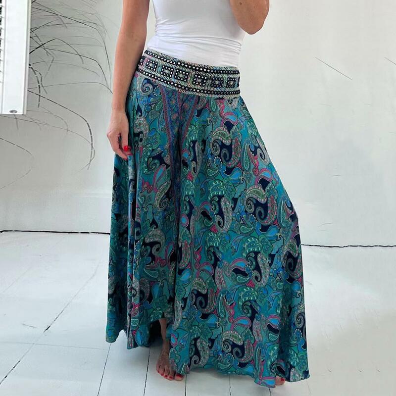 Summer Loose Printed Pants Stylish Women's Wide Leg Pants Retro Print Culottes High Waisted Flowy Trousers for Work Casual