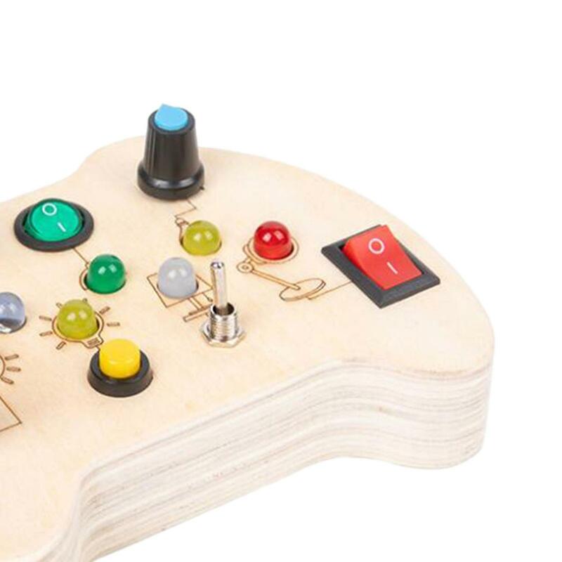 Wooden Montessori Busy Board Learning Fine Motor Skills with Light and Buttons for Kindergarten Preschool Children Boys Girls