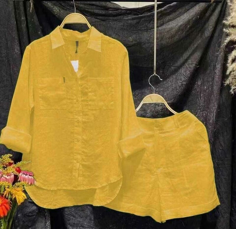 Conjunto de camisa de manga larga y pantalones cortos para mujer, ropa informal de lino y algodón, color blanco, verano, 2023