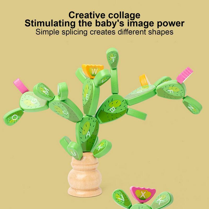 ชุดบล็อกตัวต่อของเล่นก่อสร้างซ้อนไม้กระบองเพชรไม้ของเล่นสมดุลของเล่นแคคตัสปริศนากิจกรรมทางการศึกษา