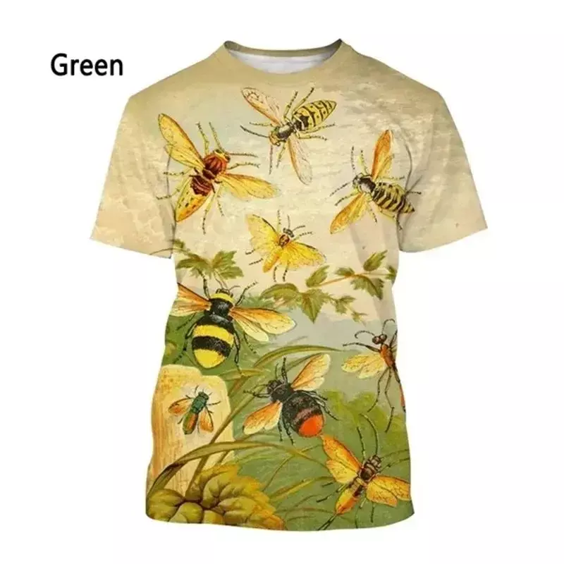 Camiseta solta de manga curta masculina, estampa de abelha, estampada em 3D, top gola redonda casual diário, moda criativa, verão