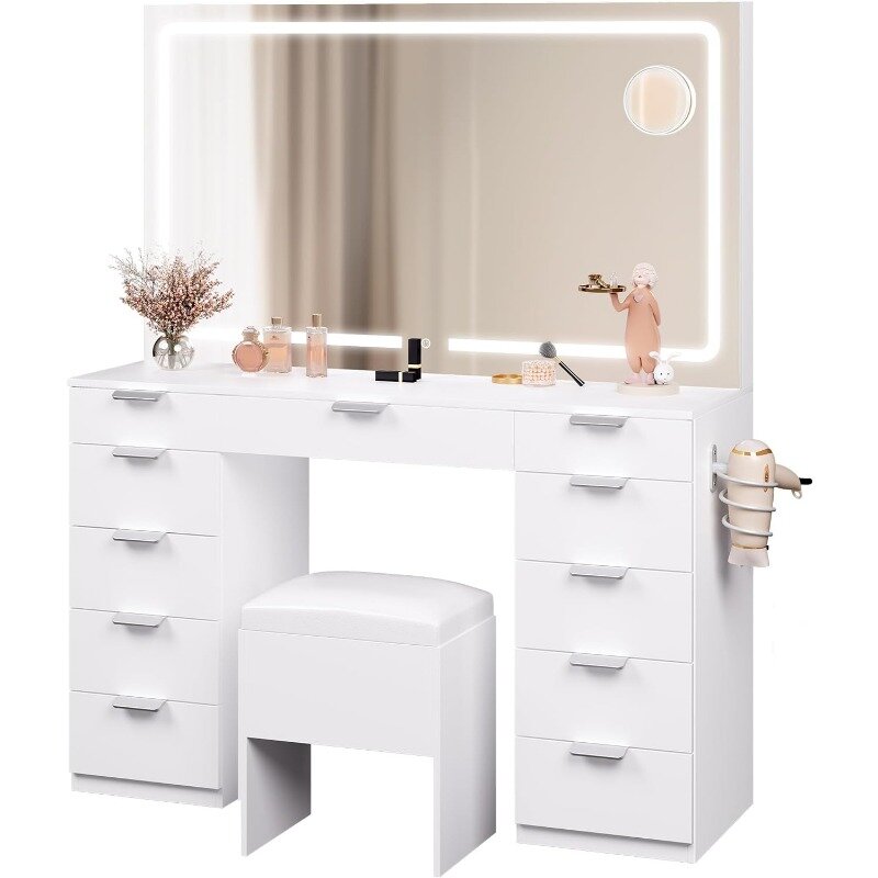 Vanity Desk Set with Large LED Lighted Mirror & Power Outlet, Glass Top Vanity with 11 Drawers and Magnifying Glass, 46'' Large