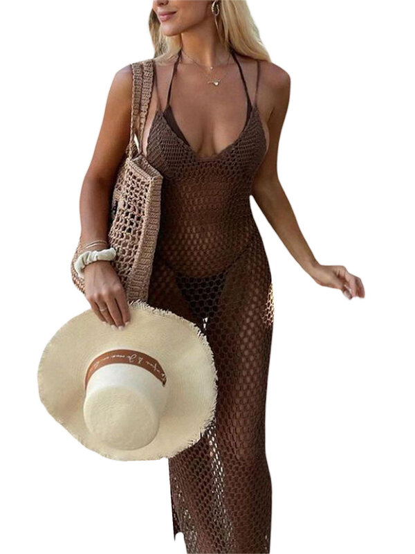 Женские вязаные пляжные накидки, вязаное крючком платье с вырезом на спине для бикини, купальный костюм, летняя одежда