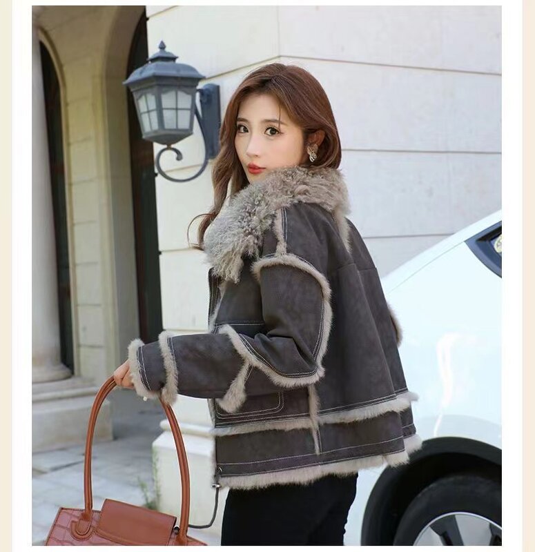 Manteau court doublé de poils de lapin naturel pour femme, col en peau de mouton, manteau en cuir chaud, mode de luxe, hiver 2023