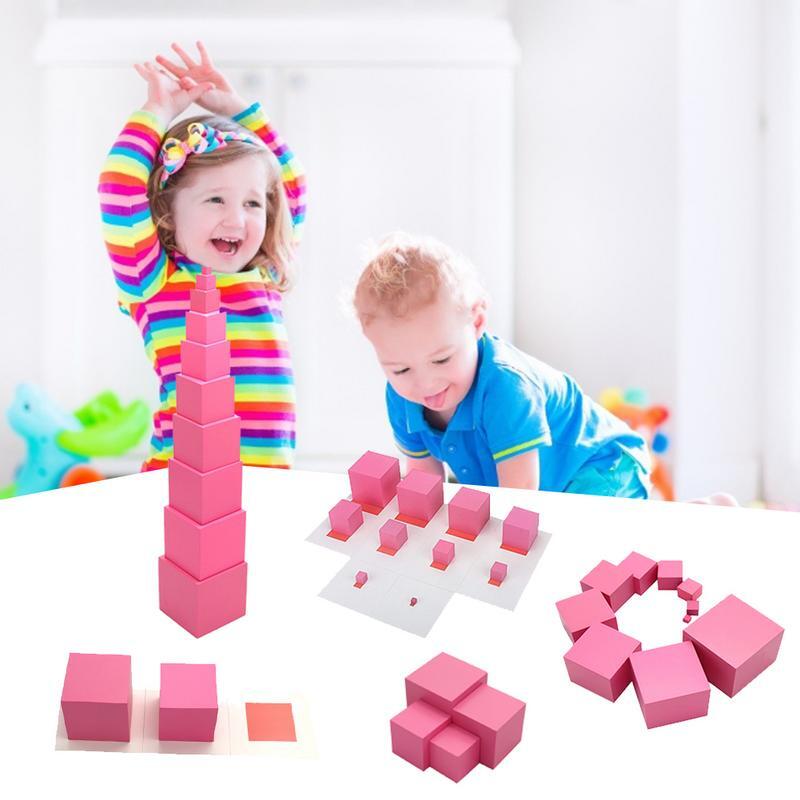 สีชมพู Tower Professional สีชมพู Tower Montessori Cube Tower ของเล่นการเรียนรู้ของเล่นก่อนวัยเรียนก่อนวัยเรียนของเล่นเพื่อการศึกษาคริสต์มาส