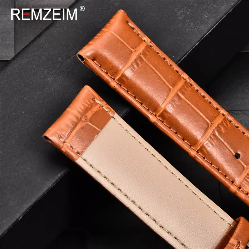 REMZEIM – bracelet de montre en cuir véritable de veau, 16 17 18 19 20 21 22 23 24mm, avec boîte, accessoires de montre