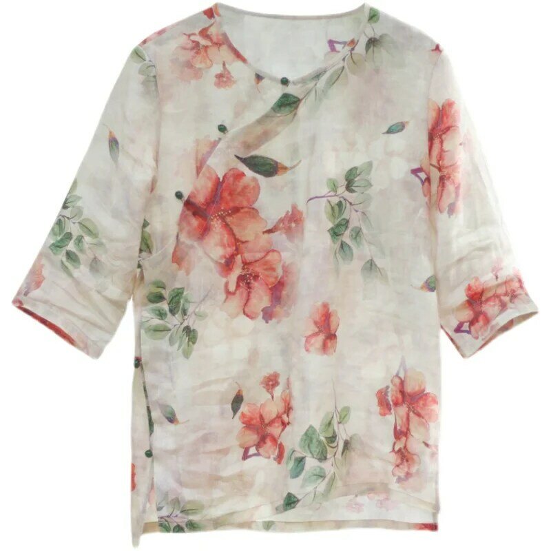 Kaus Cetak Musim Panas Wanita Kaus Tipis Longgar Kasual Setengah Lengan Floral Vintage Katun dan Linen Leher Bulat Kemeja Wanita Elegan