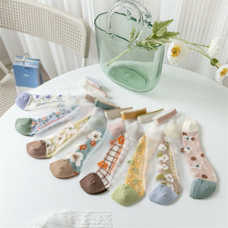 New Women Cotton Socks Crystal Silk Socks Summer Embroidery Flowers Japanese Cool Comfortable Breathable Ladies Boat Socks G113
