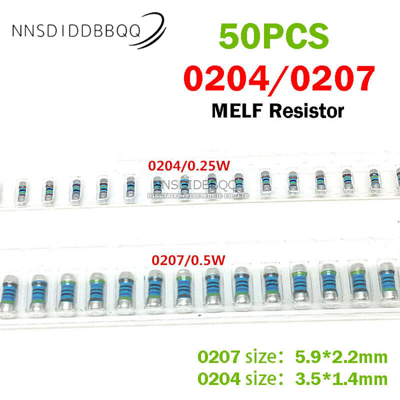 Resistor SMD MELF de 50 piezas, 0204, 0207, 5,1 K, 820R, 12K, 1,8 K, 1%, cilindro de anillo de Color, película metálica, resistencia de precisión