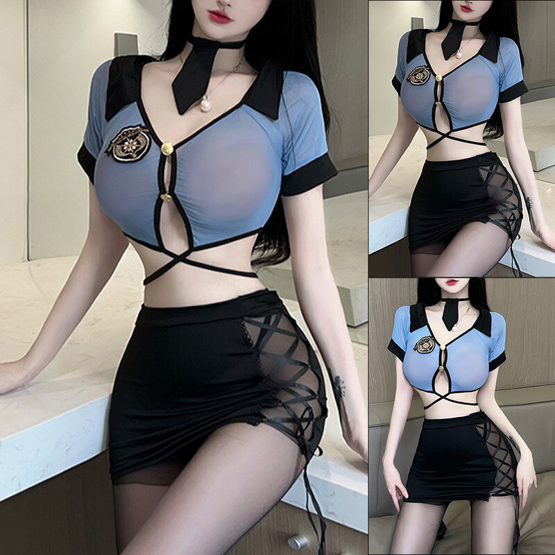 Uniform Sets Women Sexy V-Neck Sheer Top Lace Skirt Thongs Hollow Out Cosplay Suits Ultrathin Bra & Skirts Sets