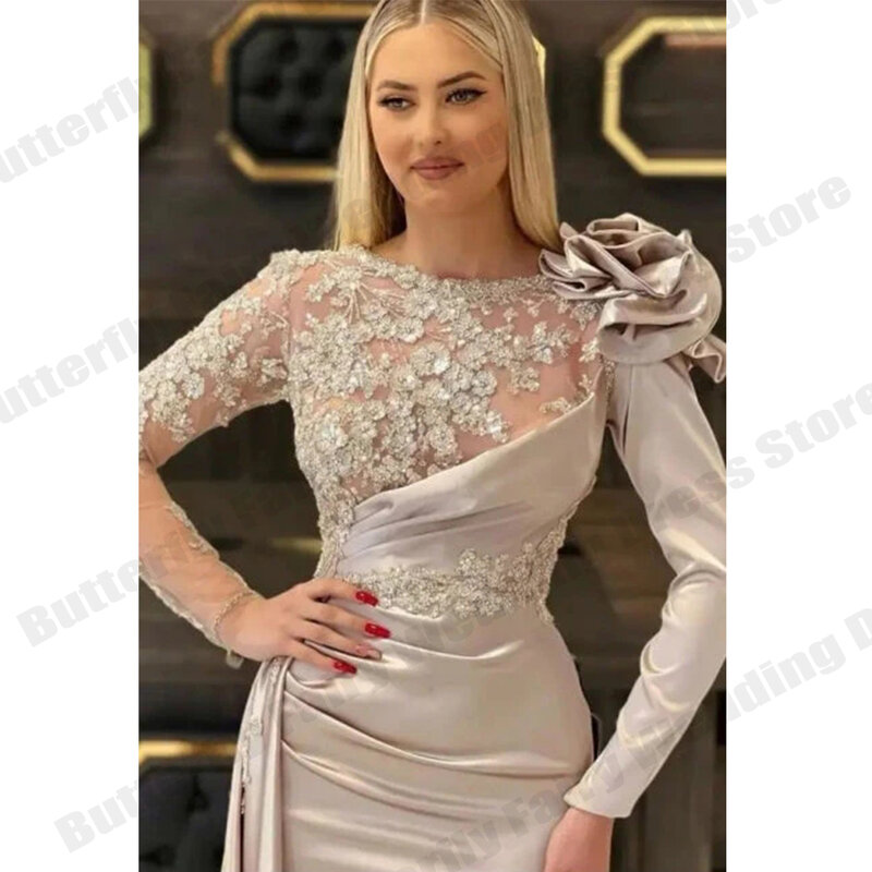 Beautiful Lace Flower Gorgeous Satin Formal Dresses Floor Length Prom Long Dresses Sexy Temperament Elegant Party Evening 2023