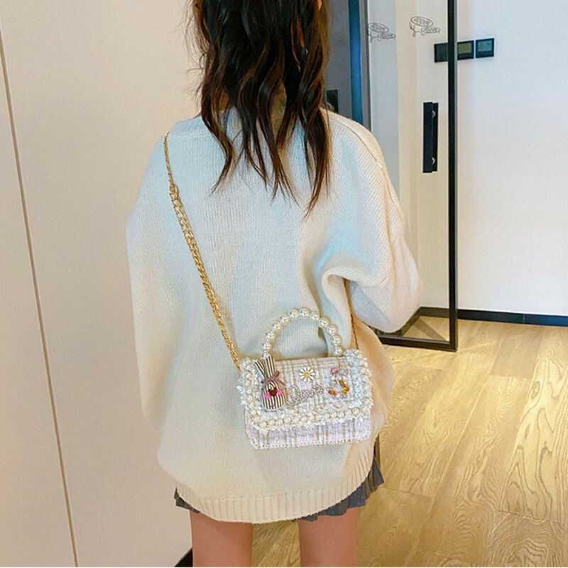Cotton Linen Mini Shoulder Bags New Pearl Handle Coin Wallets Handbags Little Girls