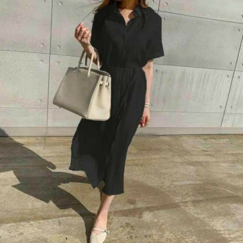 Gaun panjang wanita Korea katun dan Linen Musim Panas 2024 gaun Midi lengan pendek kancing sebaris pinggang renda longgar Vintage kasual
