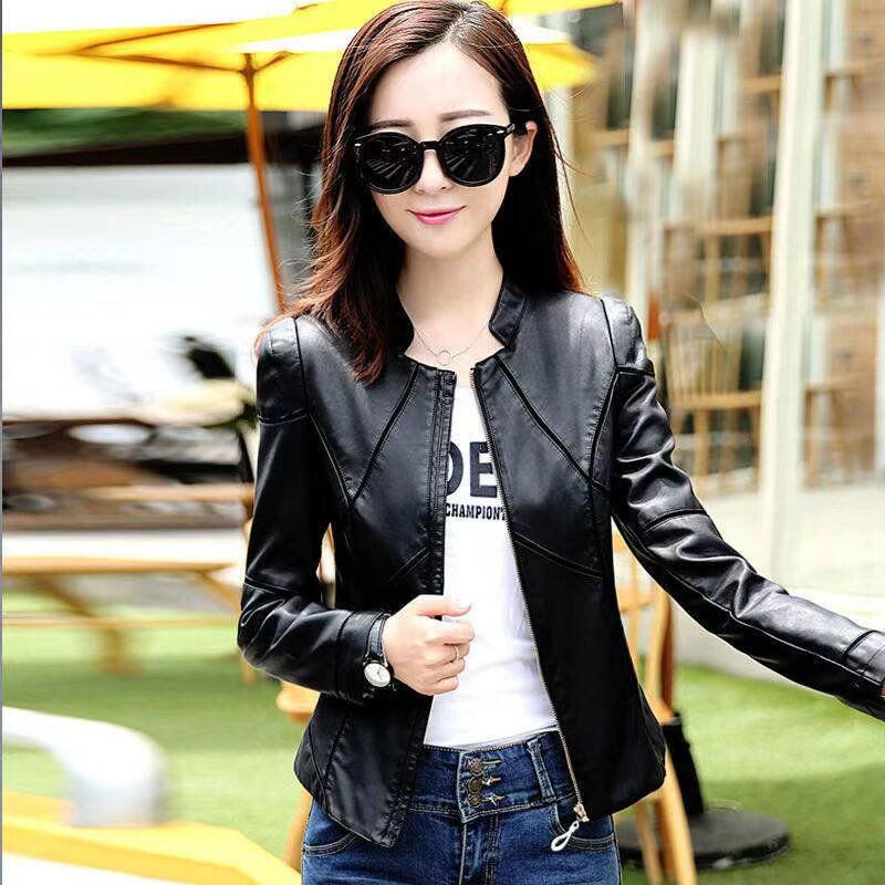 Spring Autumn Women's Short PU Leather Coat Fashion Stand Collar Motorcycle Jacket Female Casual Zipper Faux Leather Windbreaker