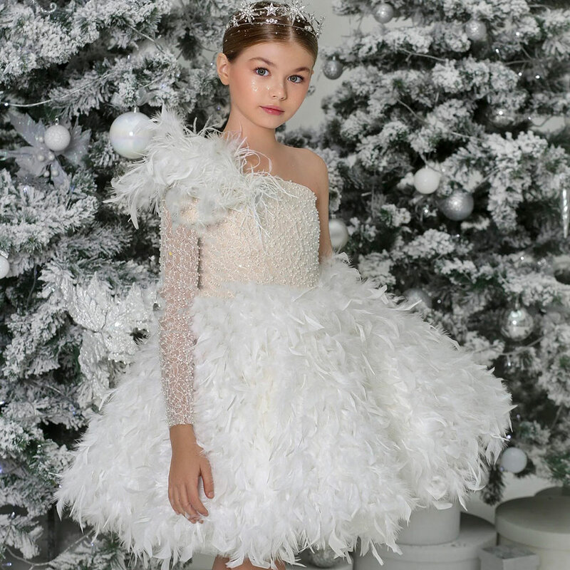 Jill Wish Luxury Arabic White Girl Dress Feathers One Shoulder Dubai Baby Kids Princess Birthday Wedding Party Gown 2024 J394