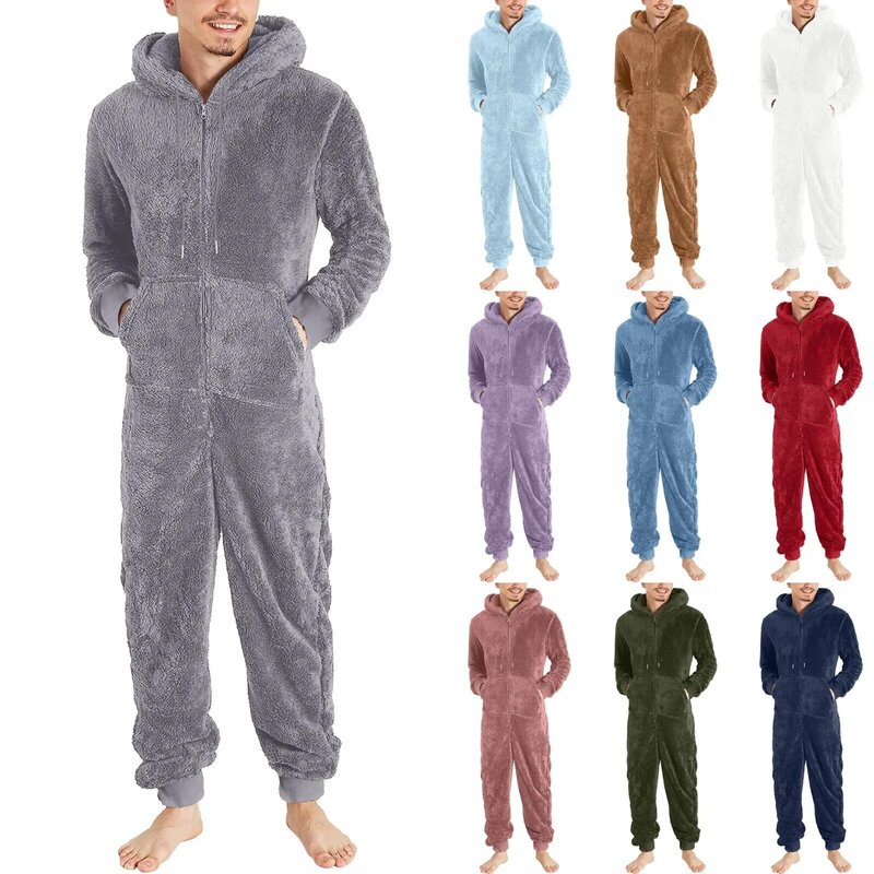5xl Zipper Jumpsuit Plush Solid Onesies Men Warm 2023 Plus Sleeve Hooded Pajamas Drawstring New Pocket Pajamas Winter Long