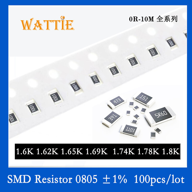Resistor de microplaqueta SMD 0805, 1%, 1.6K, 1.62K, 1.65K, 1.69K, 1.74K, 1.78K, 1.8K, 100 PCes pelo lote, 8W, 2,0 milímetros x 1,2 milímetros