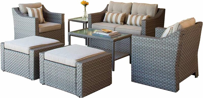 Set di mobili da giardino per esterni, Set di mobili per conversazione in vimini sedie a sdraio da Patio con pouf e divanetto