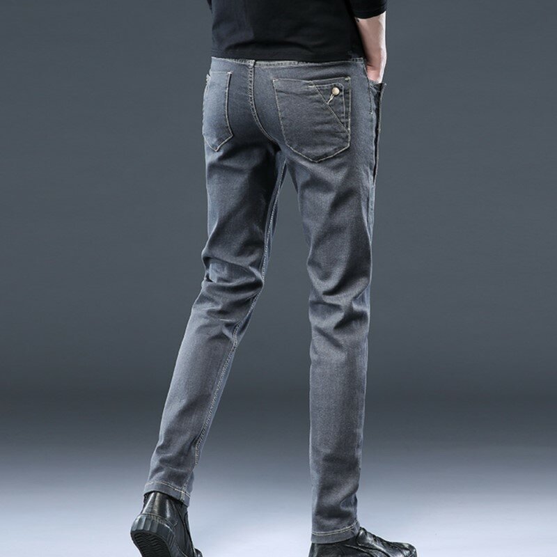 Fashion Button Men's Denim Jeans All-match Stretch Slim Fit Gentleman Long Pants Design Cool Male Trousers High Quality