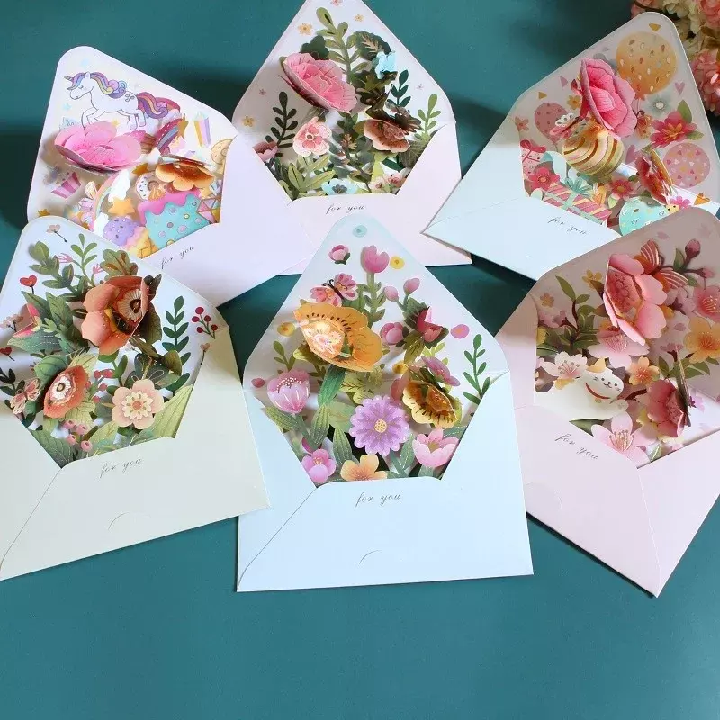 Set kartu pos Natal ulang tahun, Set kartu pos bunga romantis, dekorasi pesta, hadiah perempuan kreatif, kartu pos Pop-up 3D