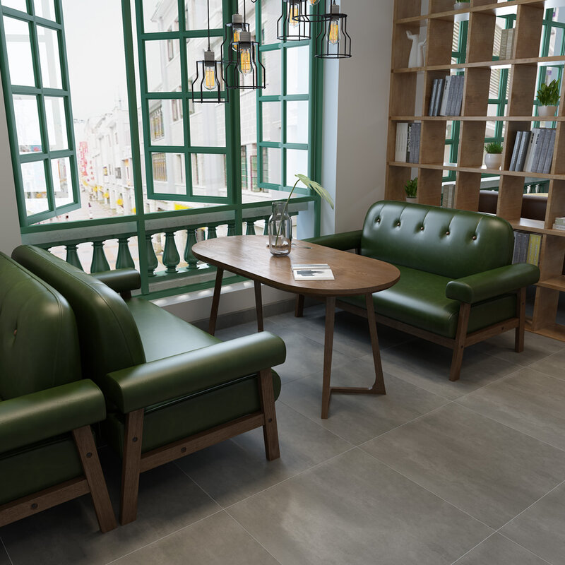 Sofá nórdico de madera maciza para dos personas, combinación de mesa y silla para cafetería, tienda de té con leche, bar de ocio simple