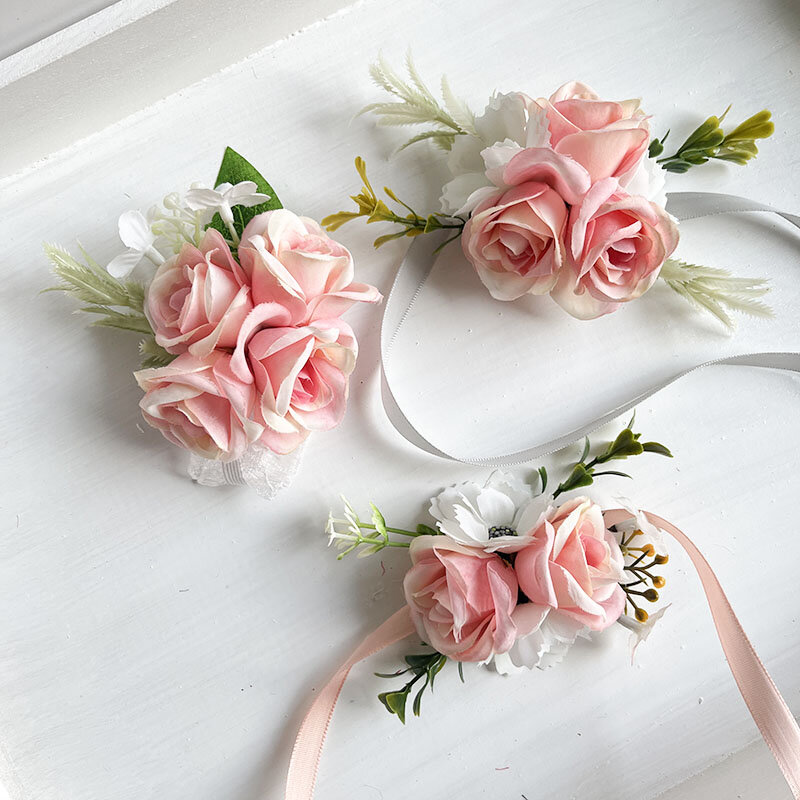 Bride Groom Wedding Accessories Wrist Corsage Bracelet Cuff Flower Bridesmaid Boutonniere Men Pins Silk Roses Artificial Flowers