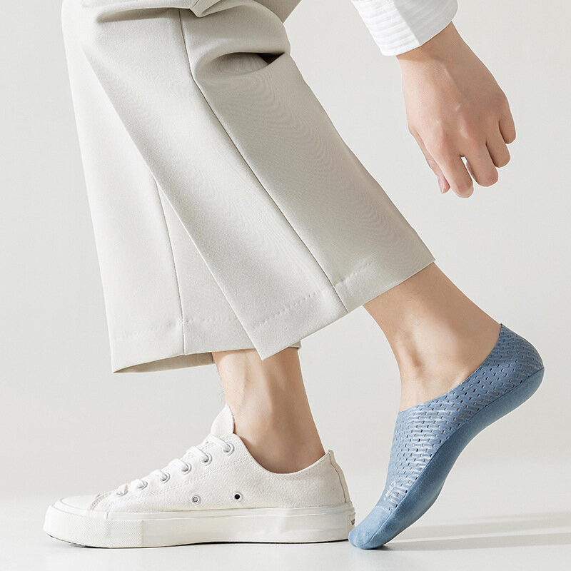 Calcetines antideslizantes de silicona para hombre, zapatillas transpirables ahuecadas, invisibles, de seda de hielo, Color sólido, para verano