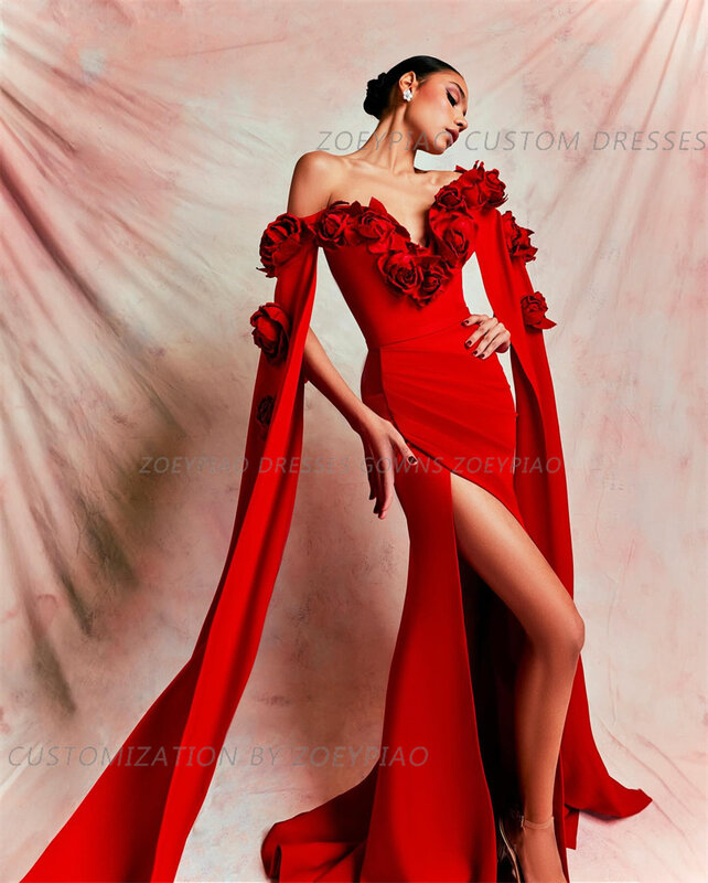 Czerwone seksowne kwiaty 3D rozcięcia po bokach suknie balowe syrenka długość podłogi satynowe suknie wieczorowe z odkrytymi ramionami formalna okazja sukienka imprezowa
