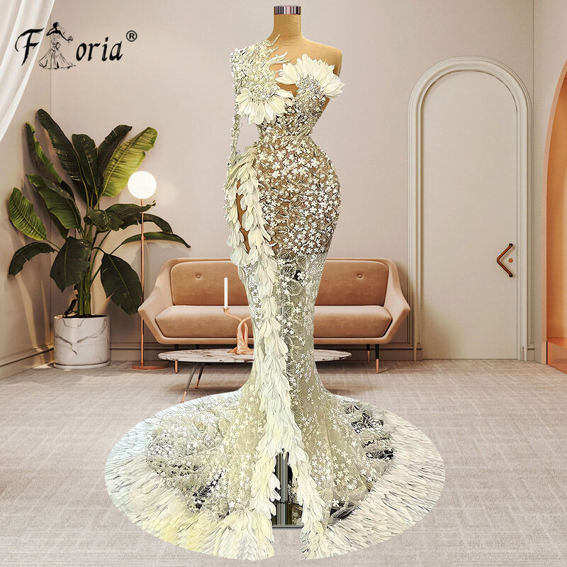 Gorgeous Dubai Mermaid Formal Evening Dresses Pearls Flower Appliques Feather Party Gowns Arabic Prom Dress 2023 Robe De Soiree