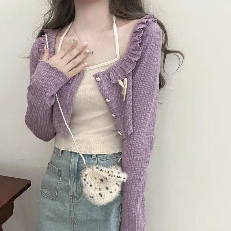 Deeptown Kawail Cropped Knitted Cardigan Bow Slim Sweater Japanese Fashion Women's Aesthetic Knitwear Spring Cute Sweet Preppy