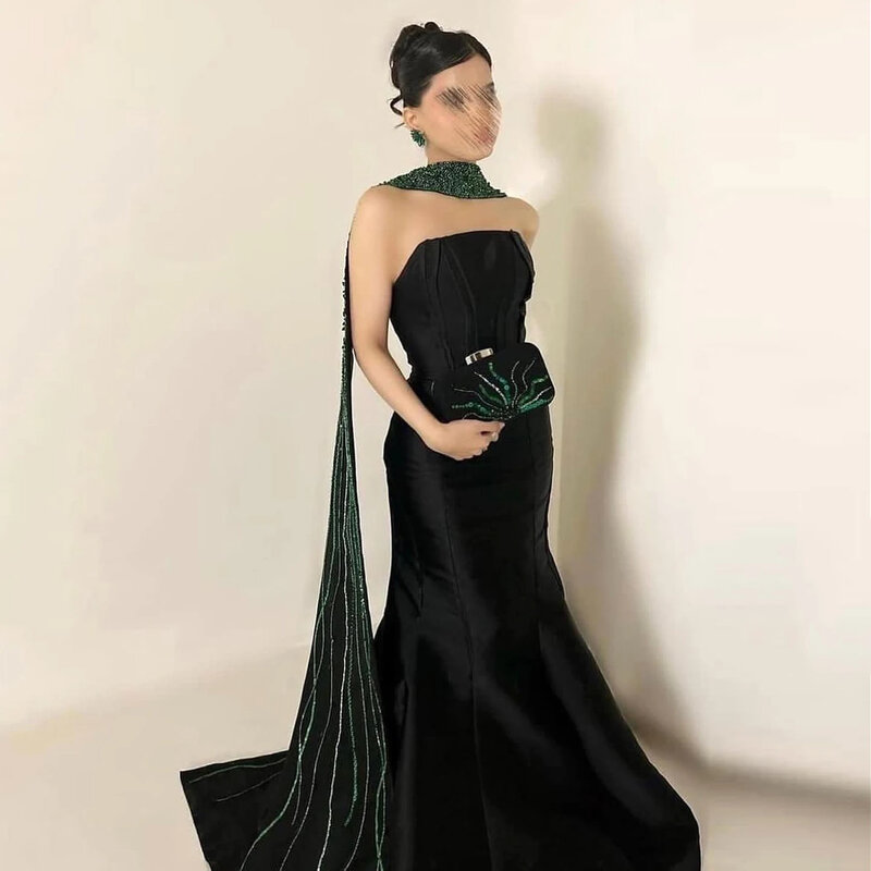 Elegant Black Mermaid Arabic Evening Dresses with Scarf Luxury Beaded Dubai Women Wedding Formal Party Gowns