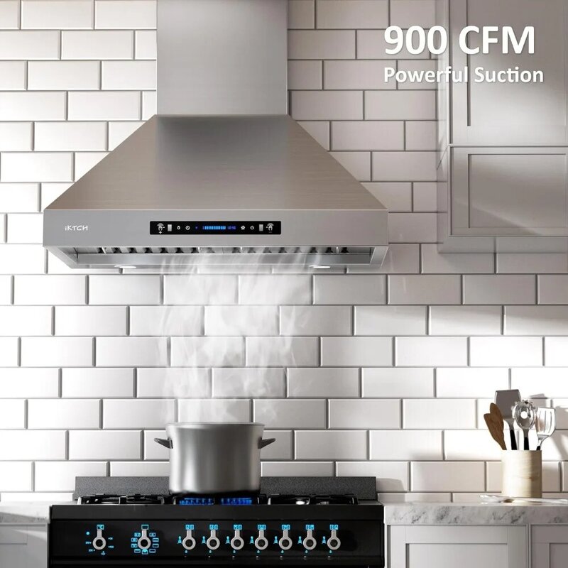 Wall Mount Range Hood 900 CFM Ducted/Ductless Convertible, Kitchen Chimney Vent Stainless Steel