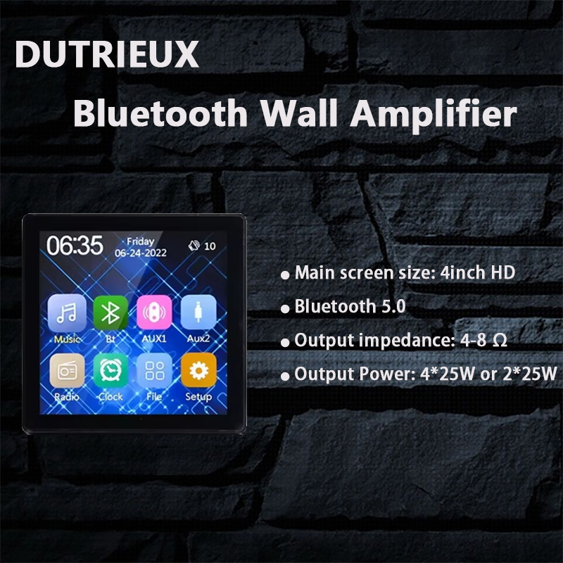 Amplificador de pared con Bluetooth, dispositivo inteligente de 4 pulgadas con pantalla táctil, música de fondo, audio para el hogar, 4 canales, 25W