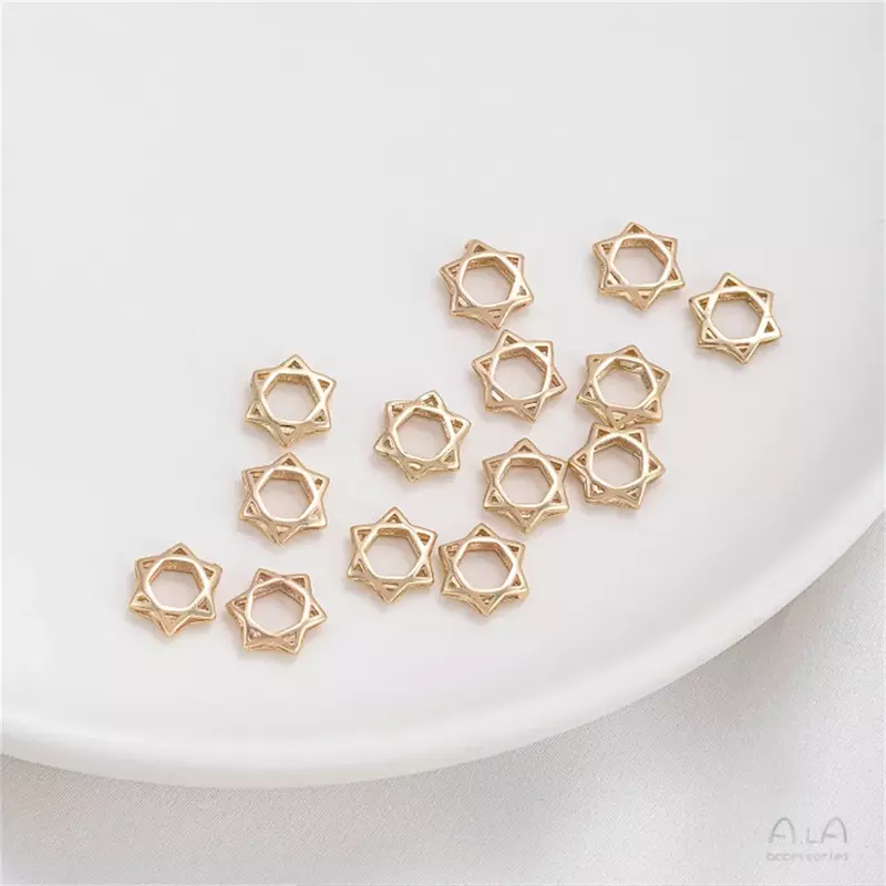 14-karatowy złoty niklowany mosiądz, wydrążony sześcioramienny pierścień gwiazda koralik, ręcznie robiony pierścień oddzielający koraliki do akcesoria łańcuszki do biżuterii