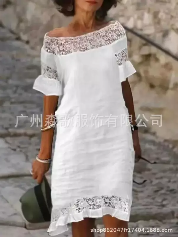 Gaun Mini renda wanita, gaun bahu telanjang lengan pendek musim panas untuk wanita gaun Solid Hollow Out kasual Vintage longgar
