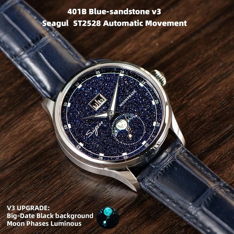 Sugess Moonphase luksusowe zegarki na rękę stal nierdzewna 316L Tianjin ST2528 ruch kamień gwiazdy Dial męska zegarek na prezent