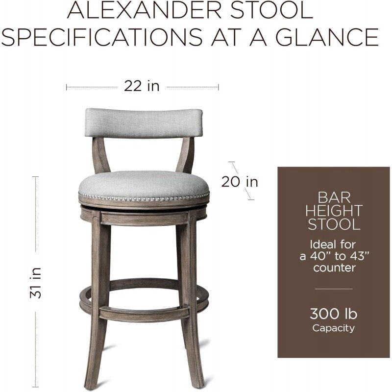 MAVEN Lane Alexander แท่งสูง31นิ้วเก้าอี้บาร์สูงแบบหมุนต่ำด้านหลังเก้าอี้ในไม้โอ๊คตกแต่งด้วยผ้าสีเทาขี้เถ้า