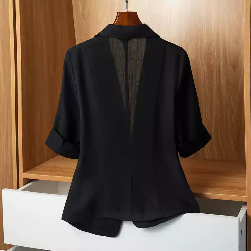 Casaco coreano feminino de manga curta, blazer feminino do escritório, terno fino, botão único, jaqueta de bolso, preto e branco, roupas luxuosas, novo