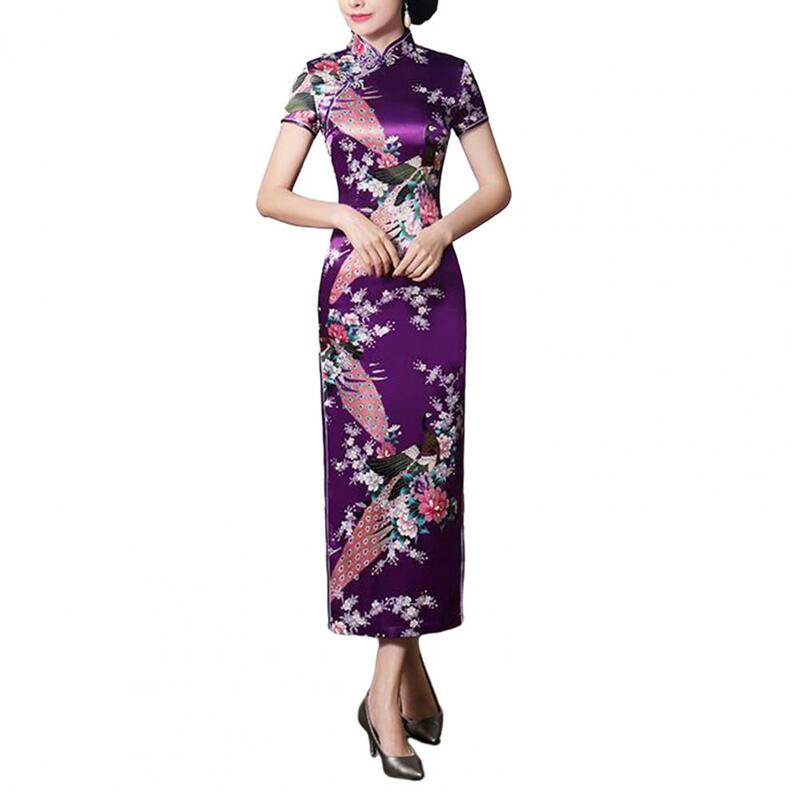 Robe à imprimé floral de style national chinois pour femmes, manches courtes, fente sur le côté haut, boutons de nœud, Cheongsam, satin soyeux, coupe couvertes, Qipao
