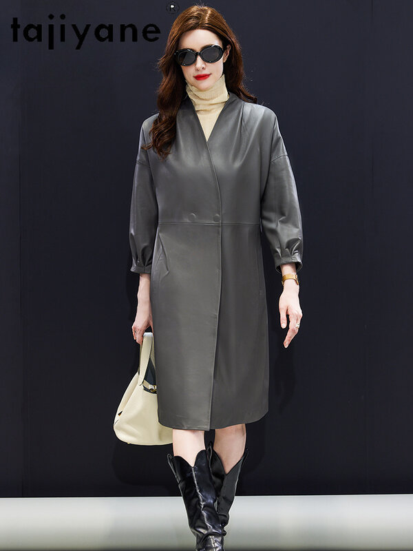 Tajiyane Marke Top echte Schaffell Trenchcoat für Frauen Herbst Winter Wind jacke V-Ausschnitt lange echte Lederjacke weibliche Mäntel