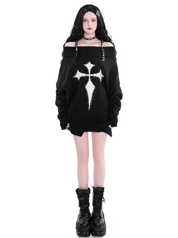 2022 Autumn Long Sleeve Gothic Harajuku Punk Sweater Women Pullovers Y2k Goth Dark Grunge Off Shoulder Knitted Tops