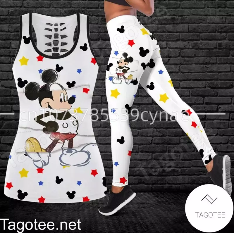 Disney-Conjunto de colete e leggings feminino Mickey e Minnie Hollow, terno de ioga, leggings fitness, terno esportivo, regata, roupa legging