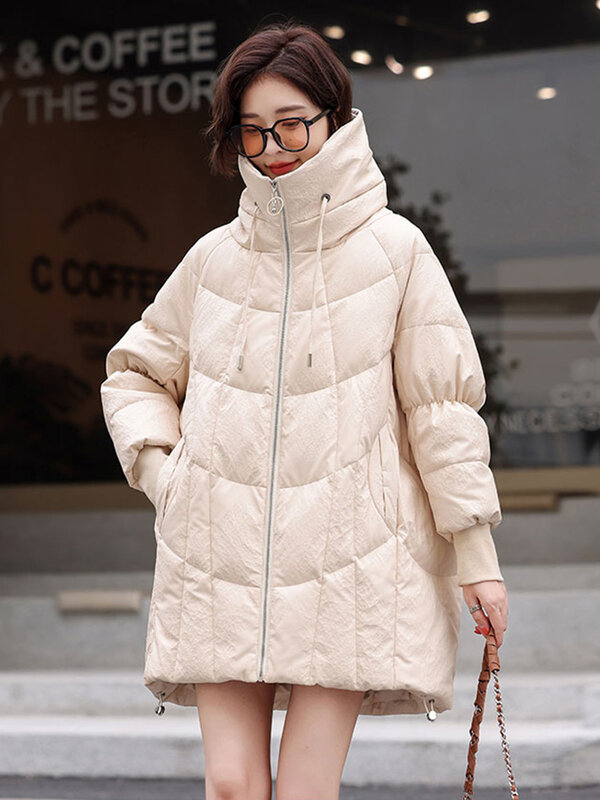 新しい女性の冬の特大レザーダウンコート ファッションカジュアルスタンドカラーミディアムロングルースシープスキンダウンジャケット スプリットレザー